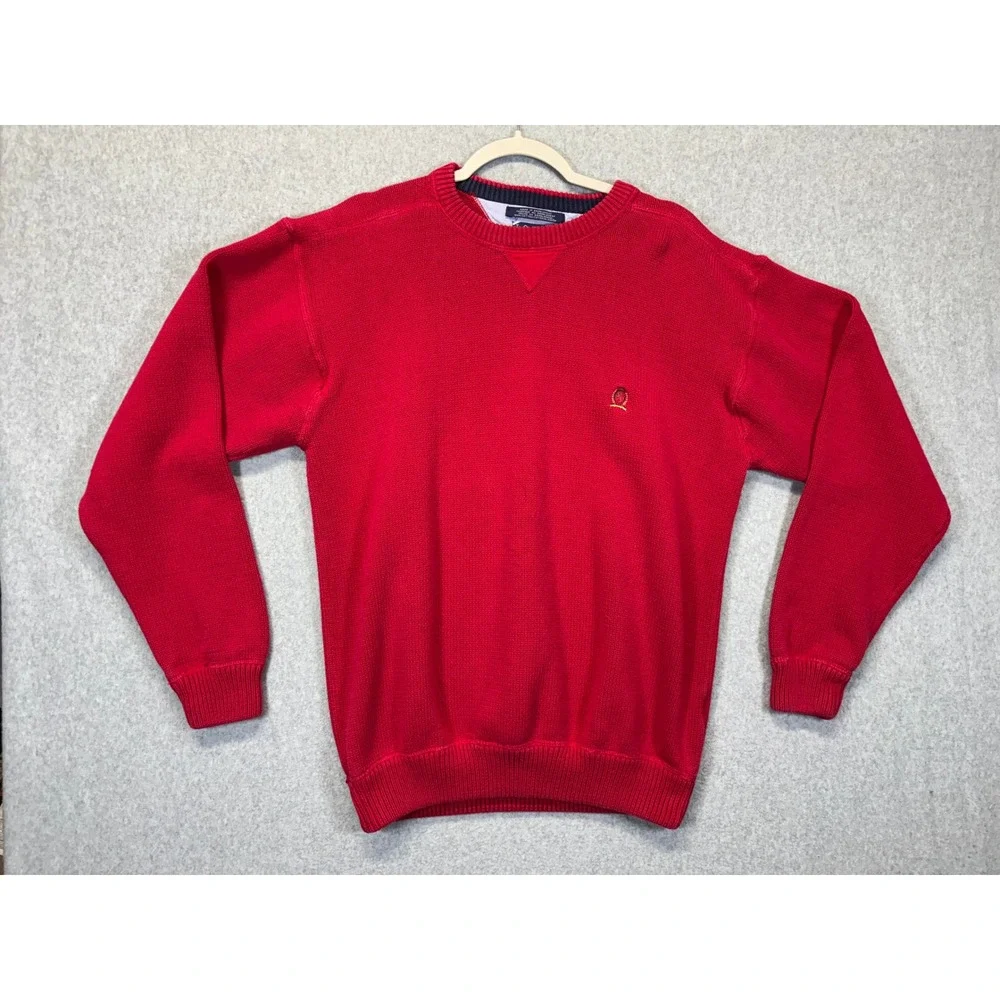 Tommy Hilfiger Mens Red Cotton Knit Crewneck Sweater Crest Logo Large‎